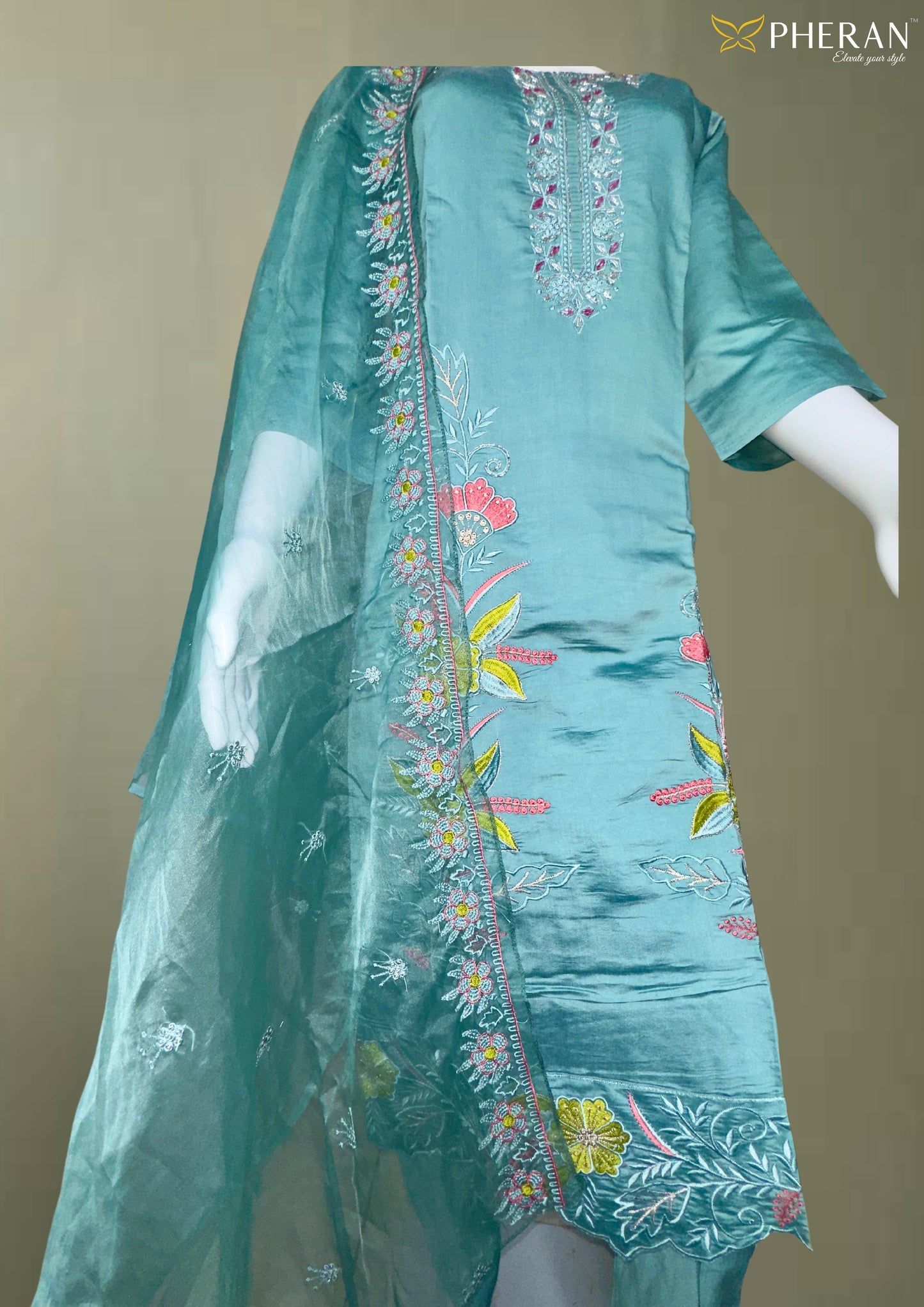 Pheran Teal Floral Embroidered Silk Blend Kurta Set with Organza Dupatta (A2-TGB-SU)