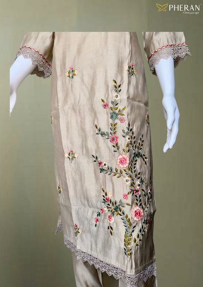 Pheran Beige Floral Embroidered Kurta Set with Light Pink Dupatta (A2-BEP-SU)