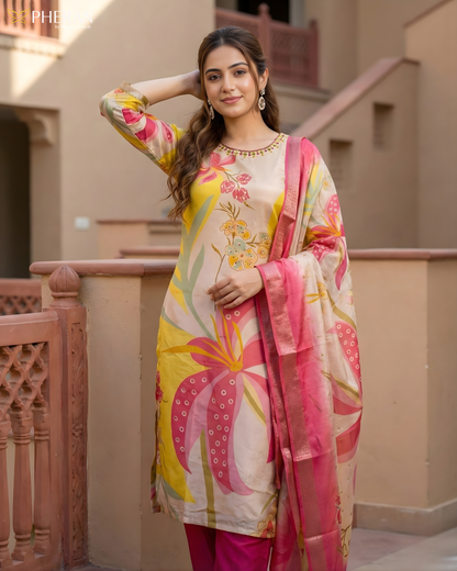 Pheran Multicolor Floral Silk Kurta Set with Dupatta (BO-3313-PK)