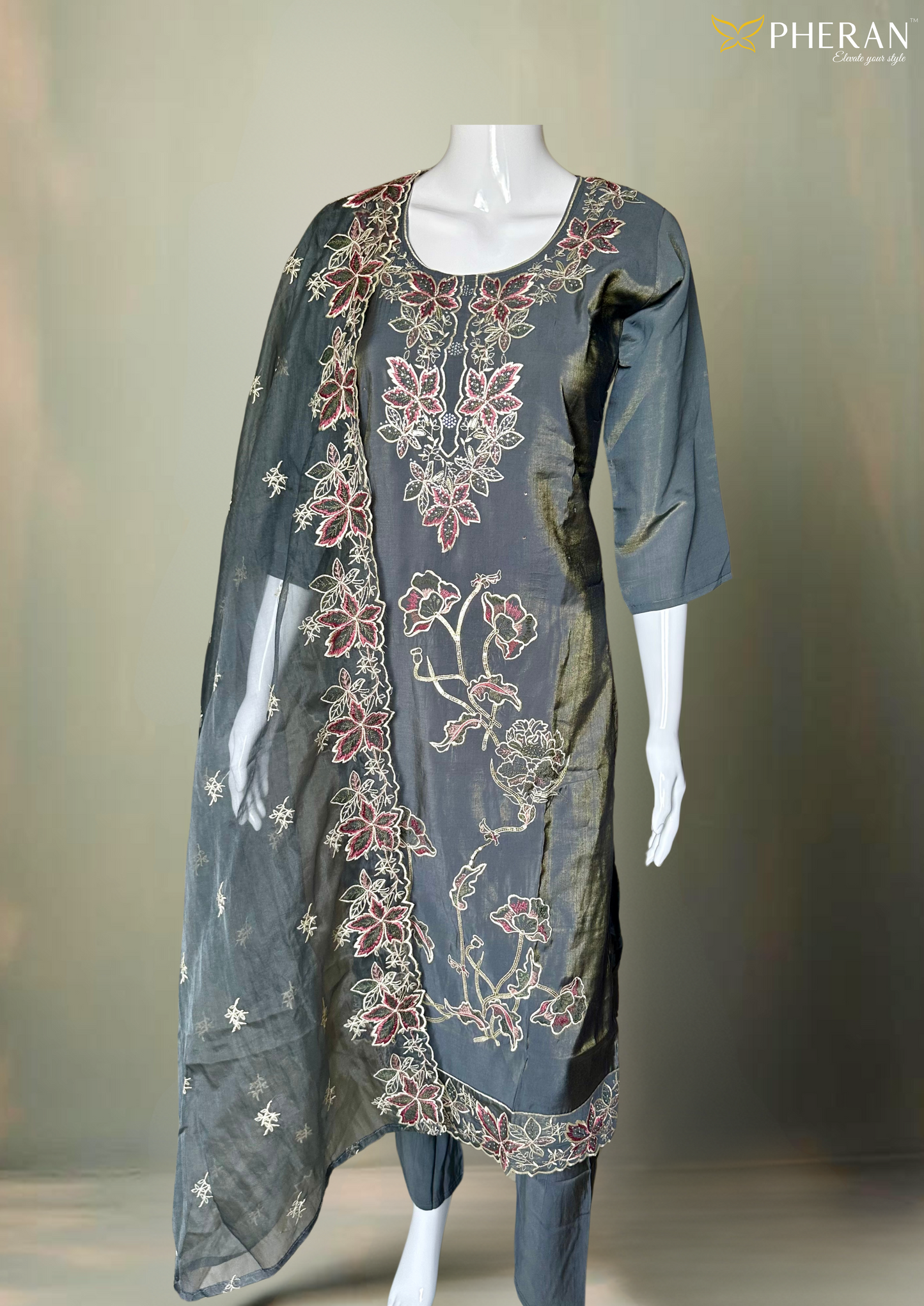 Pheran Charcoal Grey Floral Embroidered Kurta Set with Dupatta (A2-GR-SU)