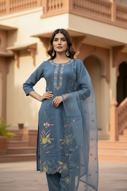 Pheran Slate Grey Embroidered Kurta Set with Organza Dupatta (A2-8GR-95S)