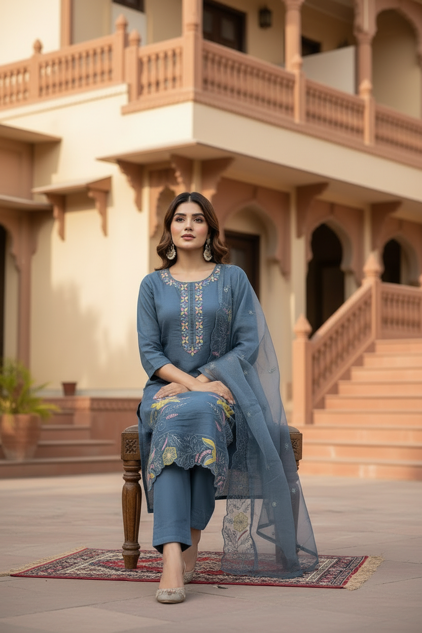 Pheran Slate Grey Embroidered Kurta Set with Organza Dupatta (A2-8GR-95S)