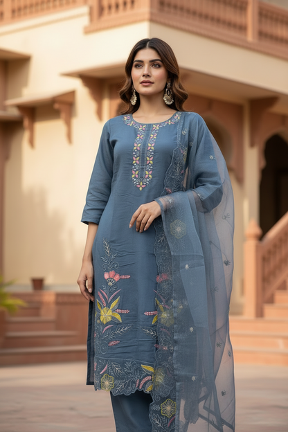 Pheran Slate Grey Embroidered Kurta Set with Organza Dupatta (A2-8GR-95S)