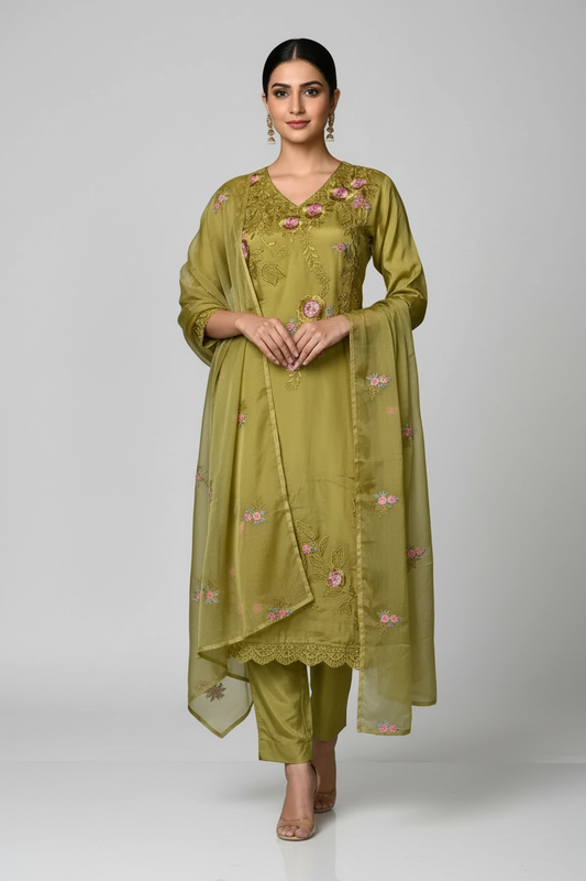 Pheran Women’s Mustard Yellow Floral Embroidered Suit Set with Dupatta (A2-MY-SU)