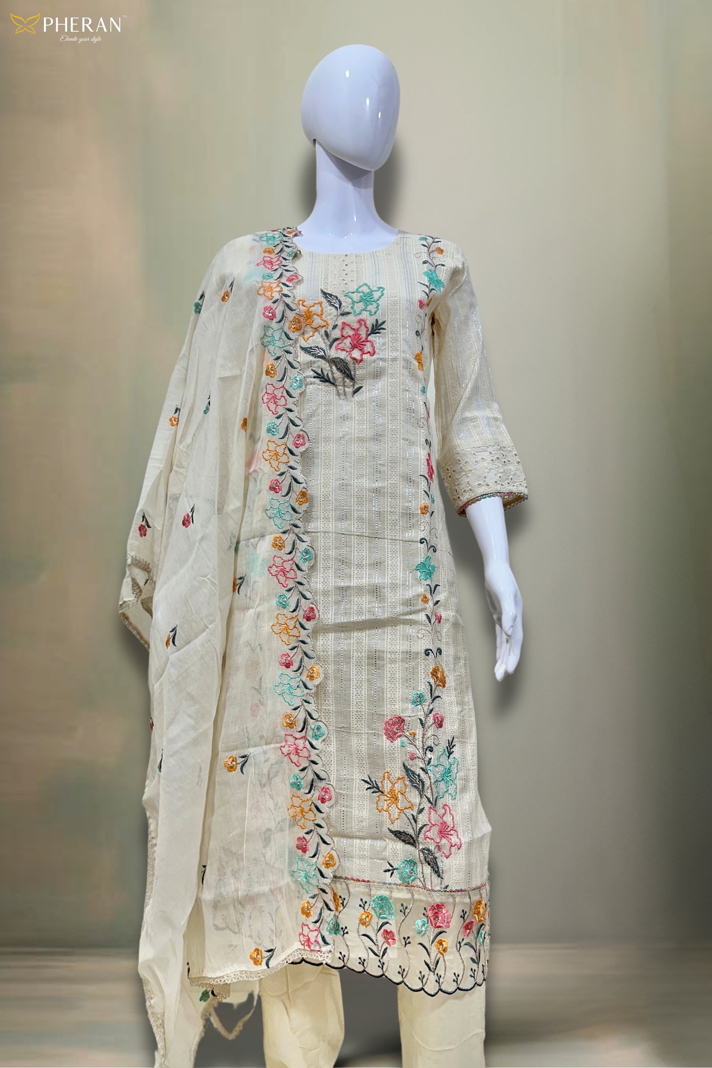 Pheran Women’s Ivory Floral Embroidered Kurta Set with Dupatta