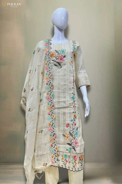 Pheran Women’s Ivory Floral Embroidered Kurta Set with Dupatta