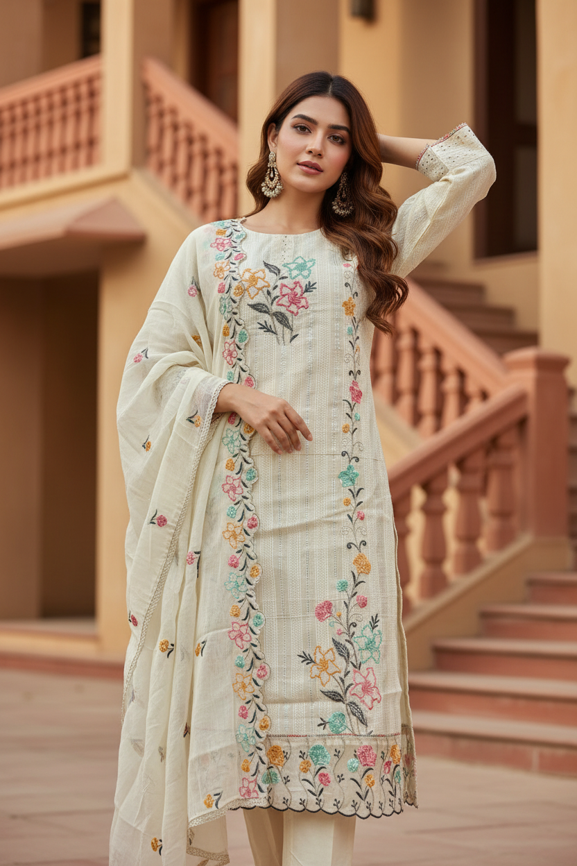 Pheran Women’s Ivory Floral Embroidered Kurta Set with Dupatta