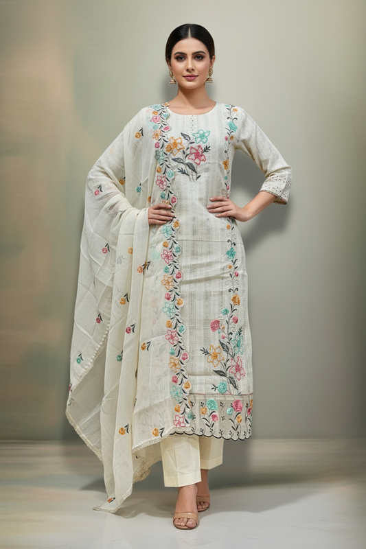 Pheran Women’s Ivory Floral Embroidered Kurta Set with Dupatta