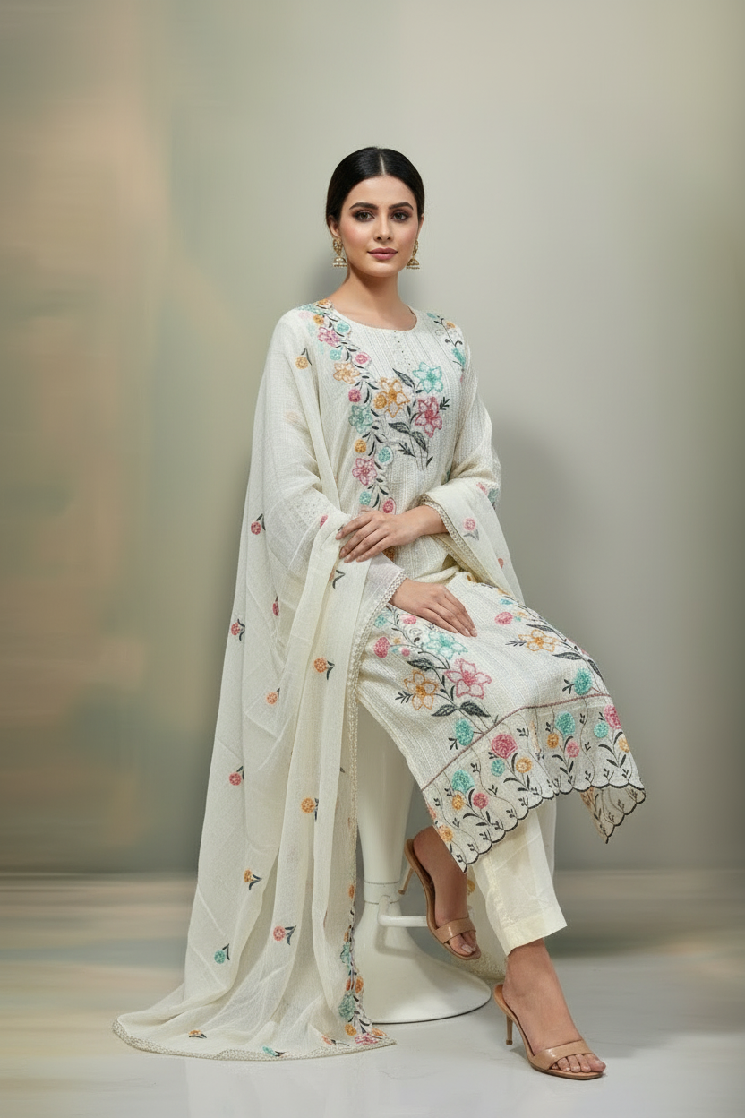 Pheran Women’s Ivory Floral Embroidered Kurta Set with Dupatta