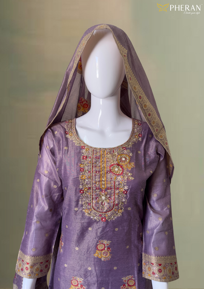 Pheran Exquisite Purple Embroidered Set (Kurta + Pant + Dupatta) BO-A1-0106