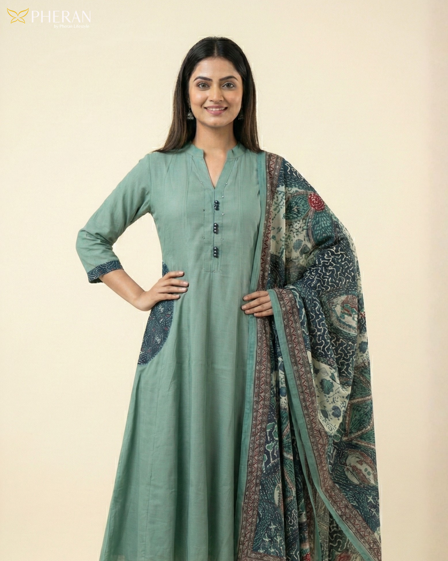Pheran Women's Sage Green A-Line Suit with Printed Dupatta AM80