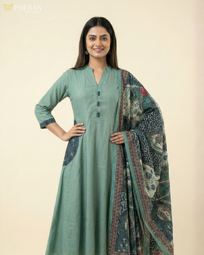 Pheran Women's Sage Green A-Line Suit with Printed Dupatta AM80