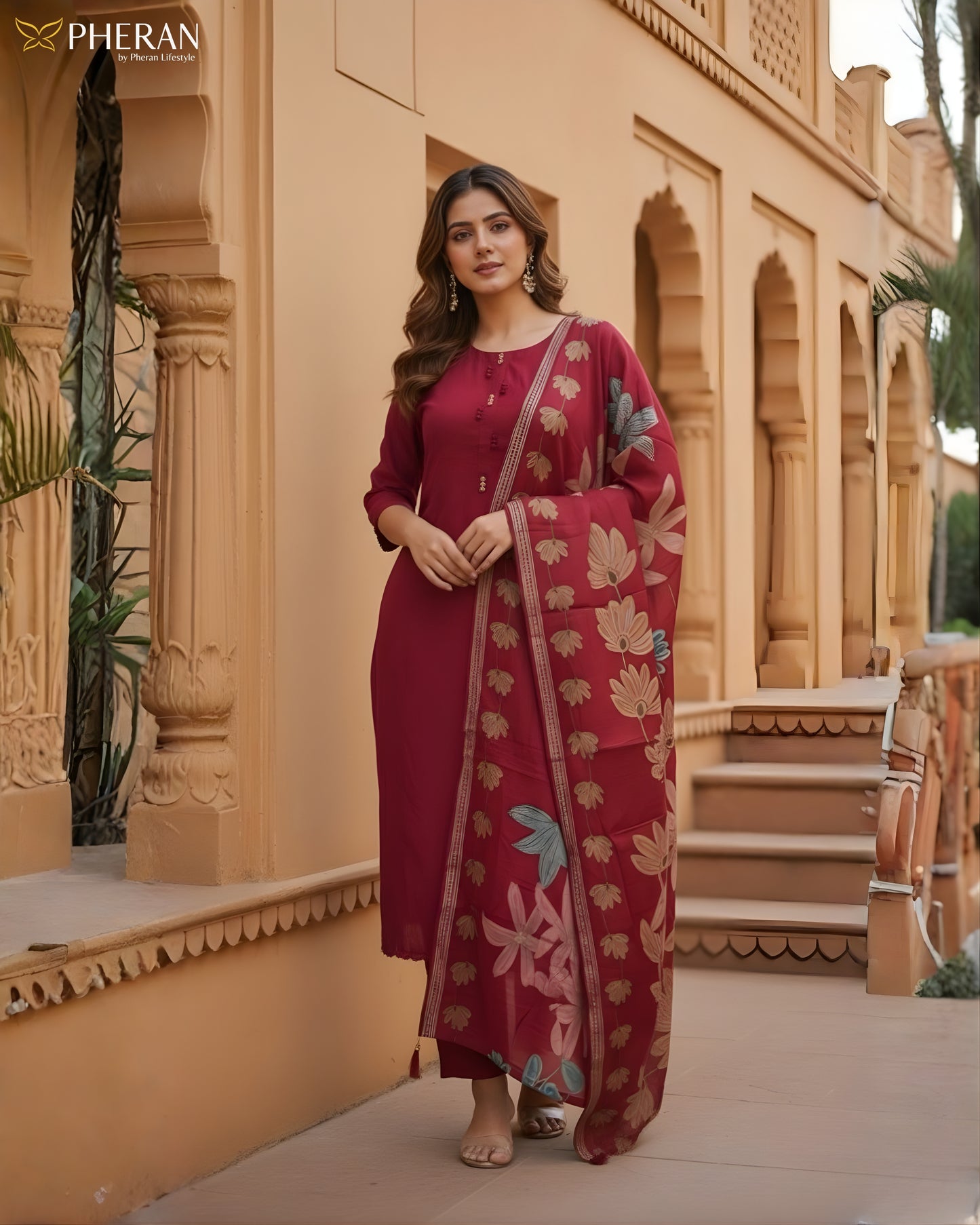 Pheran Women's Ruby Red Modal Suit Set with Floral Print Dupatta  AM75