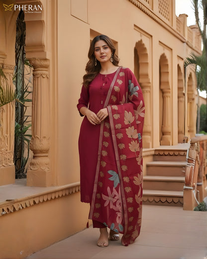 Pheran Women's Ruby Red Modal Suit Set with Floral Print Dupatta  AM75
