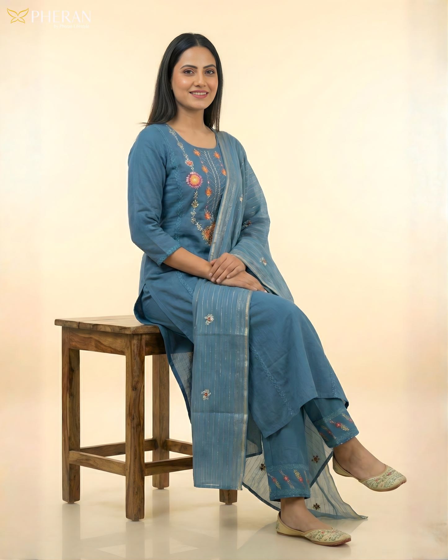 Pheran Deep Blue Embroidered Kurta Set with Dupatta (SV-KL76-BU)