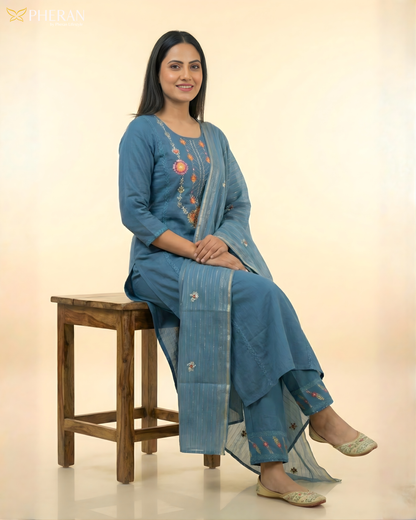 Pheran Deep Blue Embroidered Kurta Set with Dupatta (SV-KL76-BU)