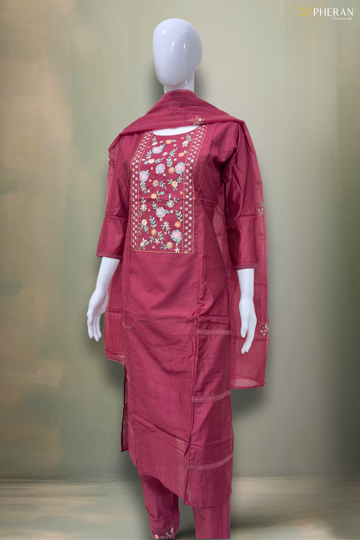 Pheran Deep Maroon Floral Embroidered Kurta Set with Dupatta (SV-KL72-MN)