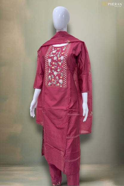 Pheran Deep Maroon Floral Embroidered Kurta Set with Dupatta (SV-KL72-MN)