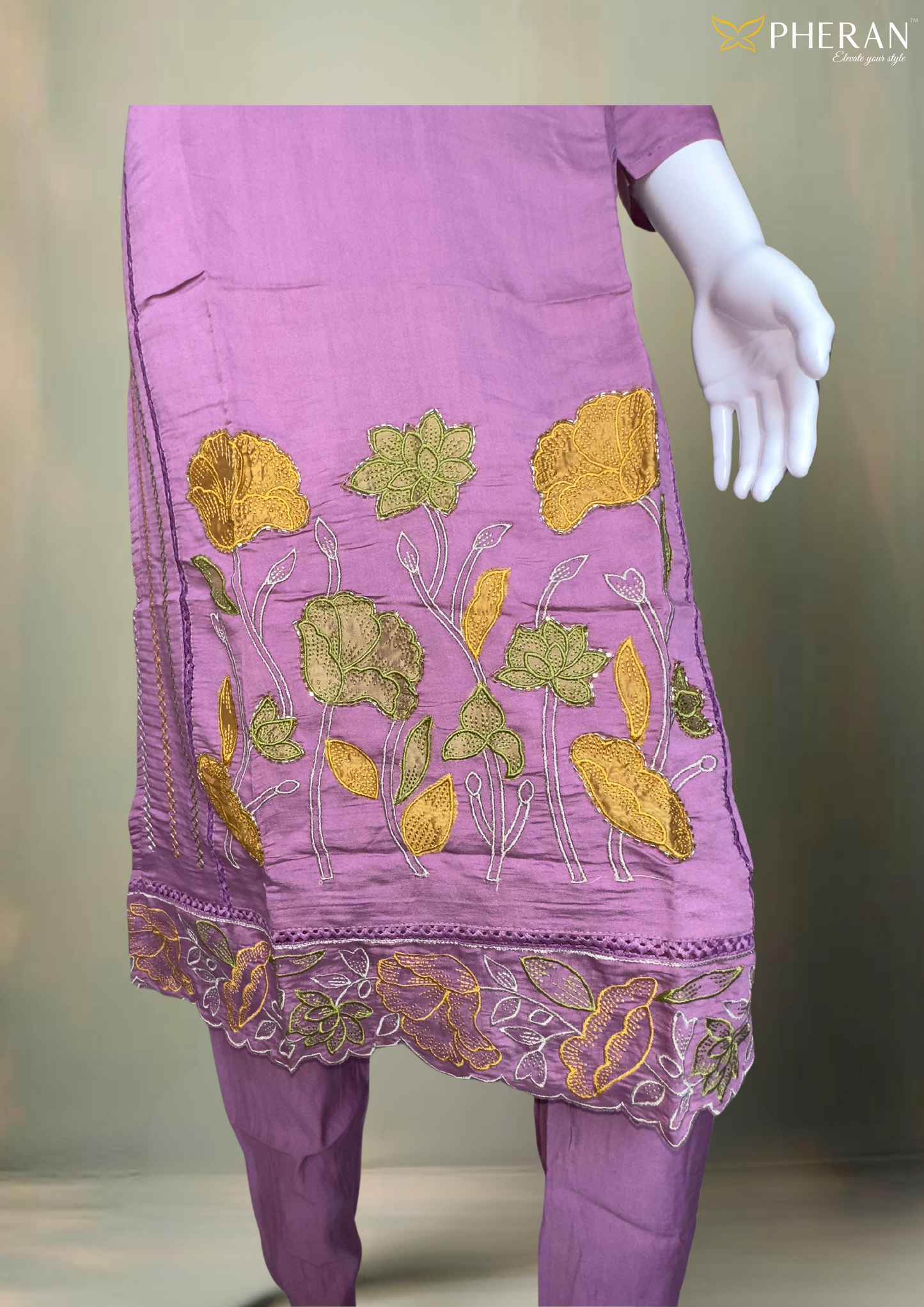 Pheran Lavender Floral Embroidered Kurta Set with Dupatta (A2-LV-SU)