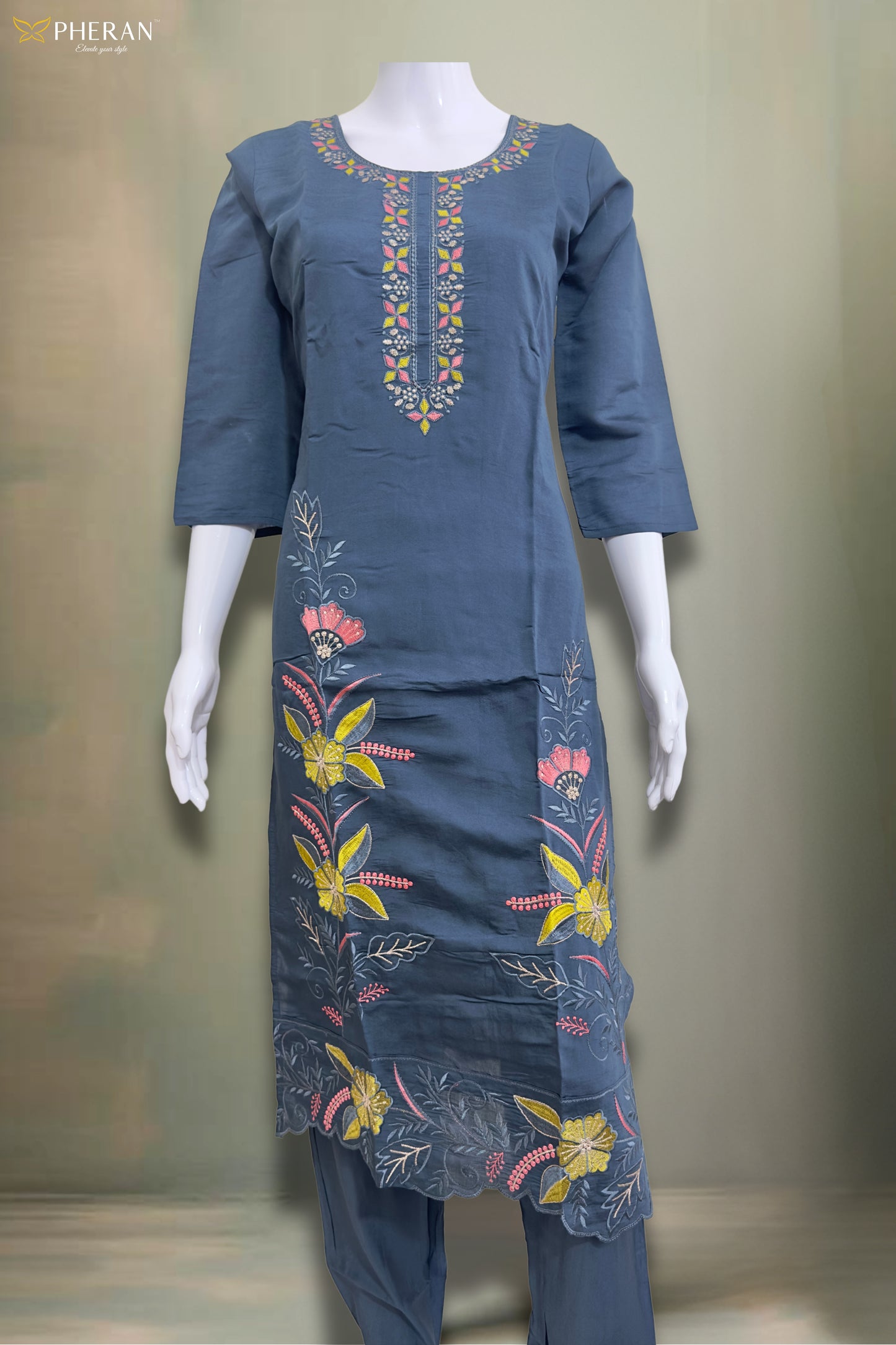Pheran Slate Grey Embroidered Kurta Set with Organza Dupatta (A2-8GR-95S)