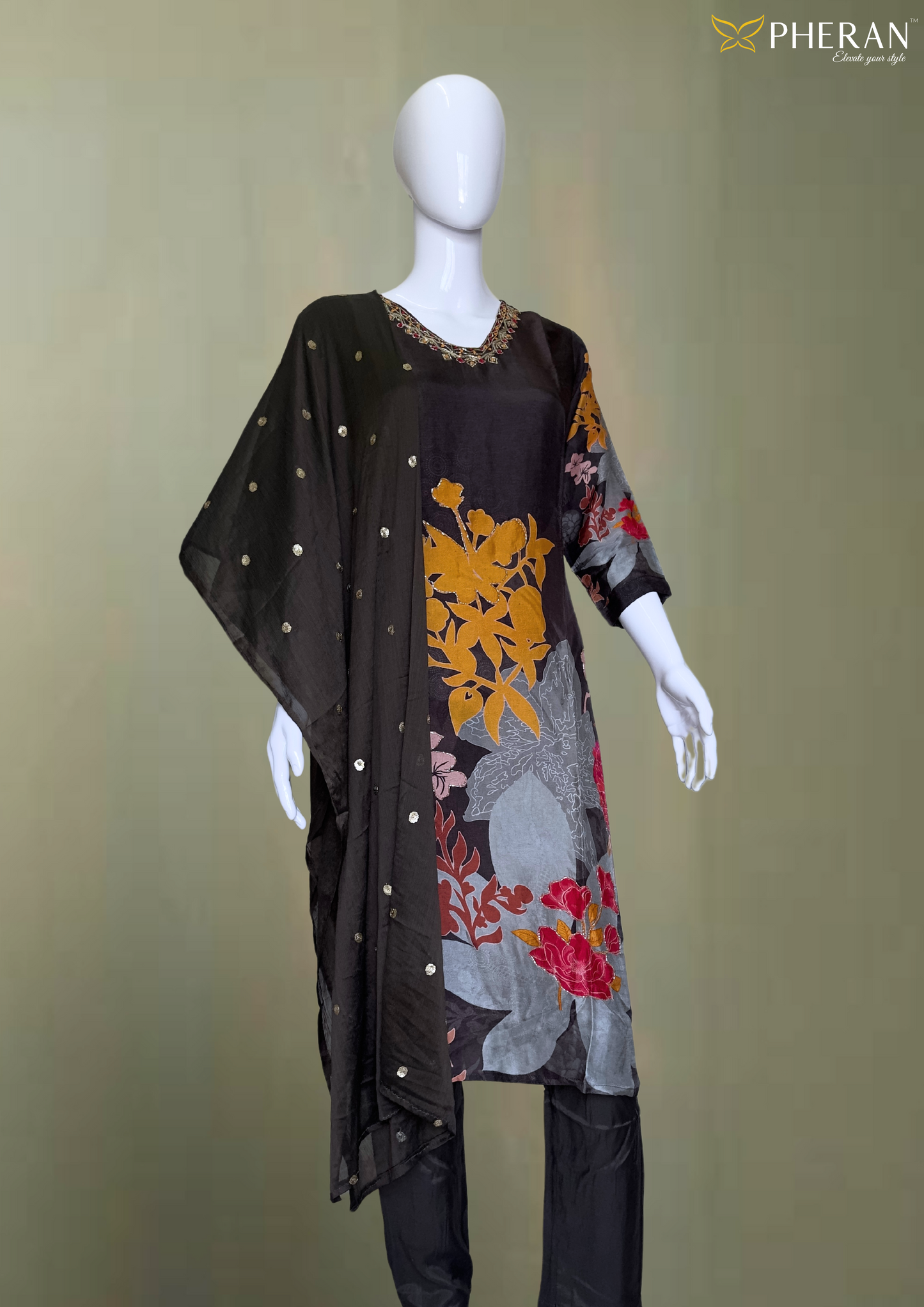 Pheran Black Floral Embroidered Silk Kurta Set with Dupatta (BO-FC-1034)