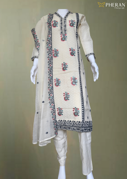 Pheran Ivory Cotton Floral Embroidered Kurta Set with Dupatta (BO-KR-CR)