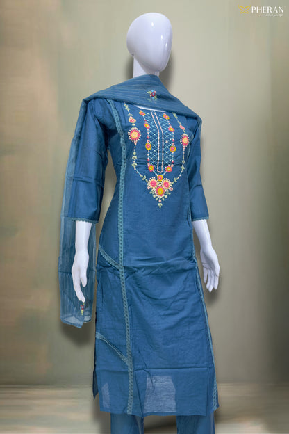 Pheran Deep Blue Embroidered Kurta Set with Dupatta (SV-KL76-BU)