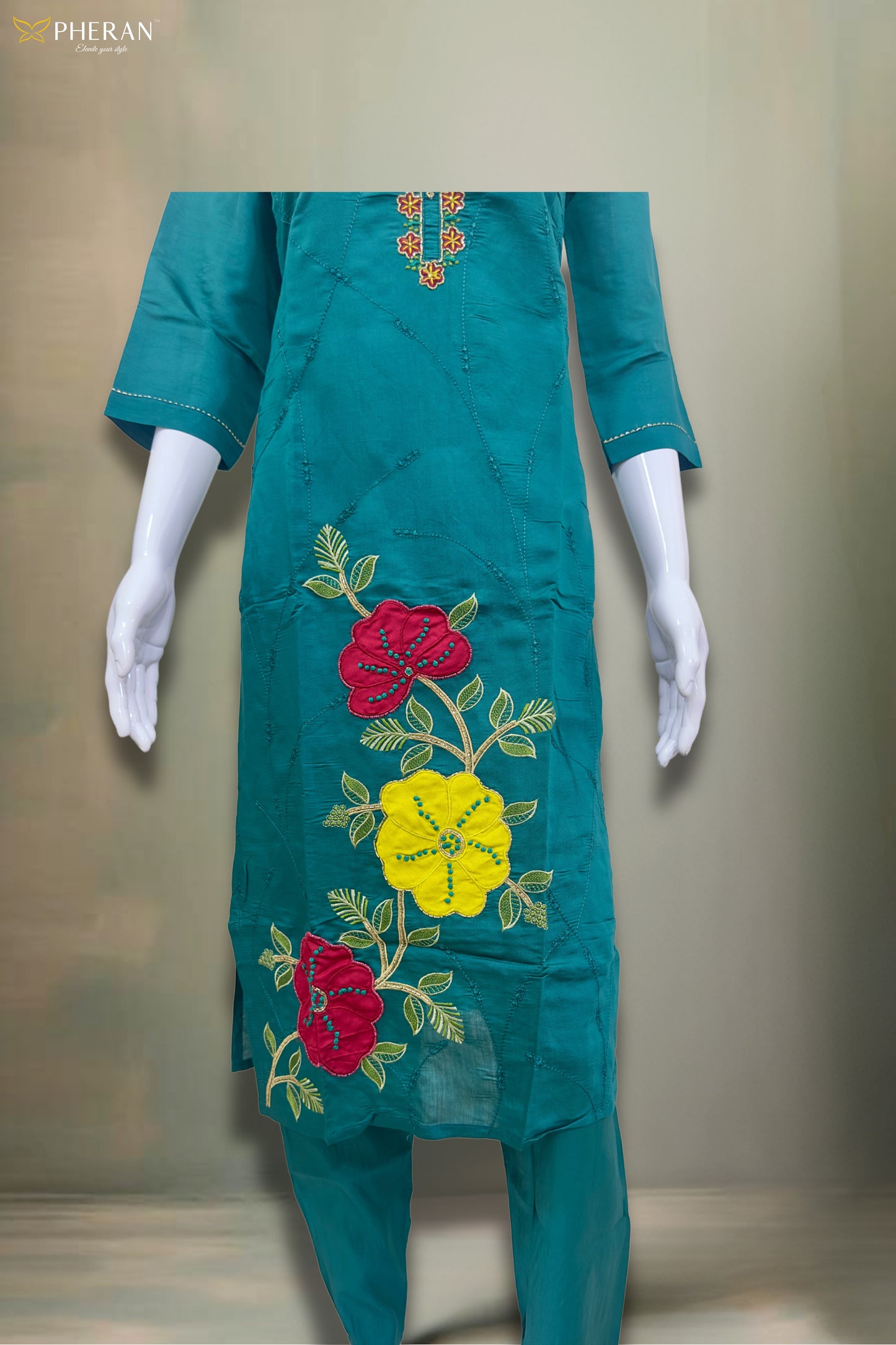 Pheran Teal Floral Embroidered Kurta Set with Organza Dupatta (A2-8TE-95S)