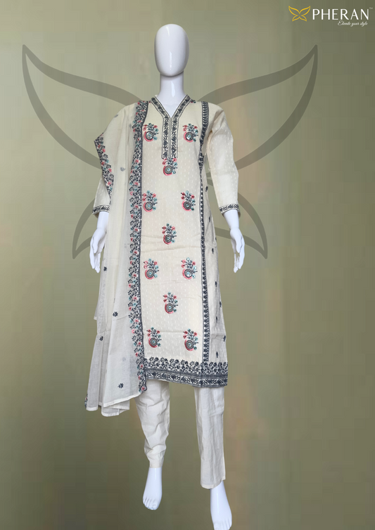 Pheran Ivory Cotton Floral Embroidered Kurta Set with Dupatta (BO-KR-CR)