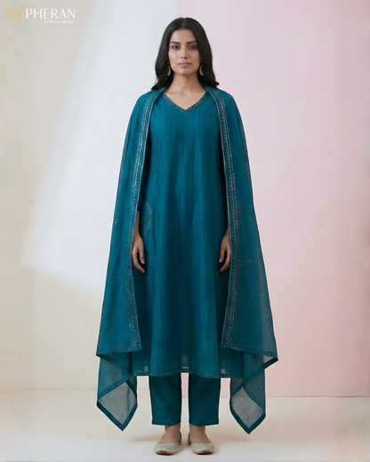 Pheran Women's Solid Teal Blue Cotton Suit Set AM83
