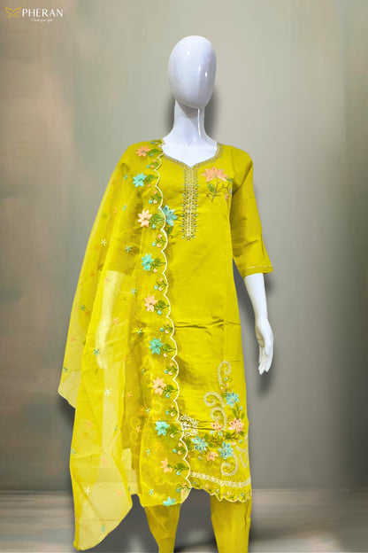 Pheran Women’s Lime Green Floral Embroidered Kurta Set with Dupatta (A2-2510-LG)