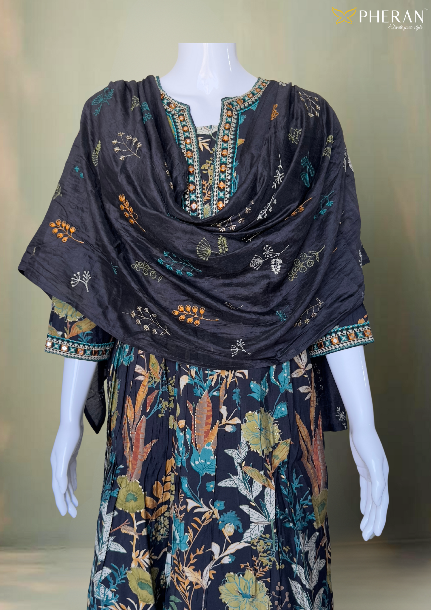 Pheran Black Floral Women's  Anarkali Kurta Set with Dupatta (M4-1973-BL-AK)