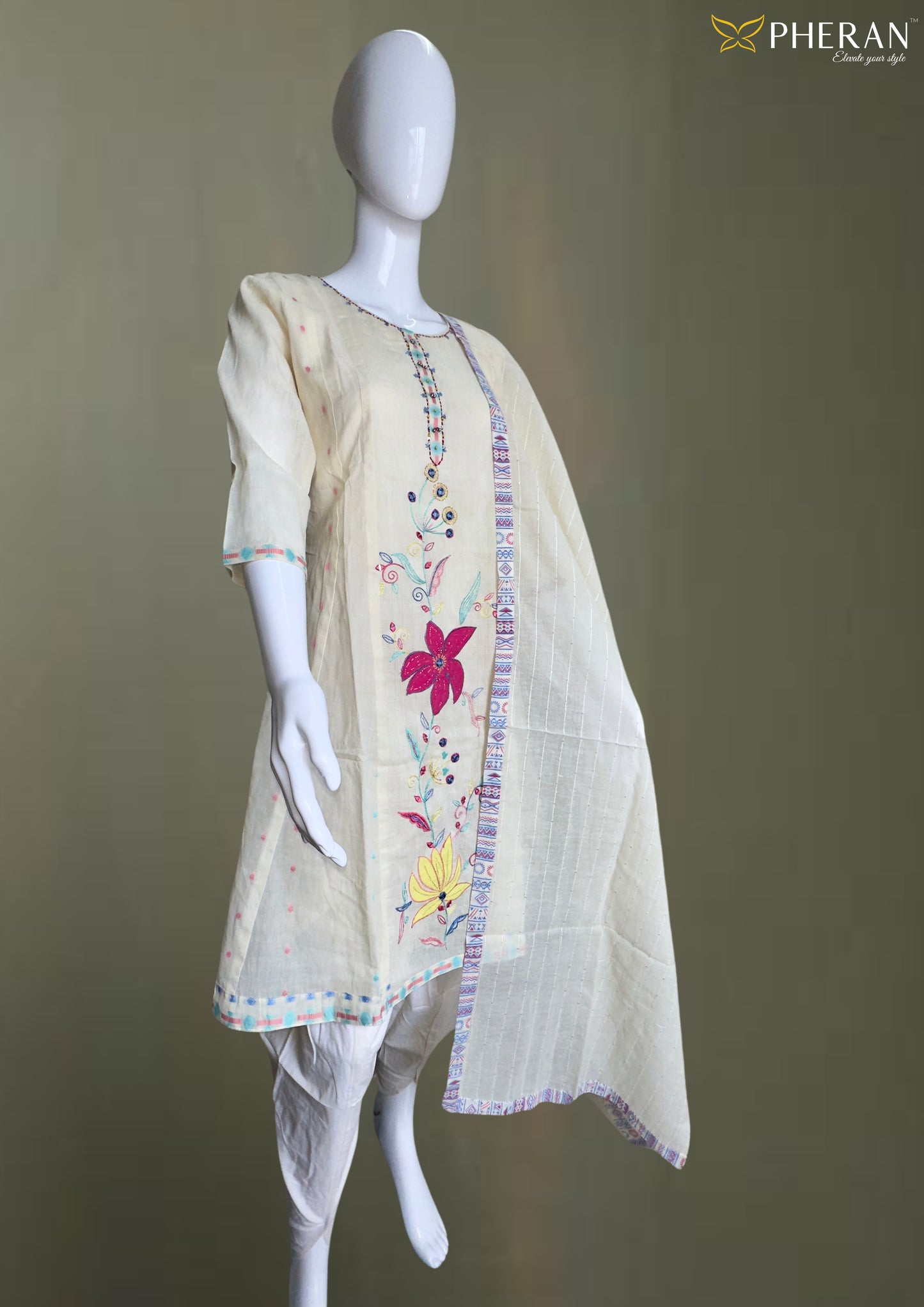 Pheran Cream Cotton Floral Embroidered Kurta Set with Dupatta (BO-DN-107)