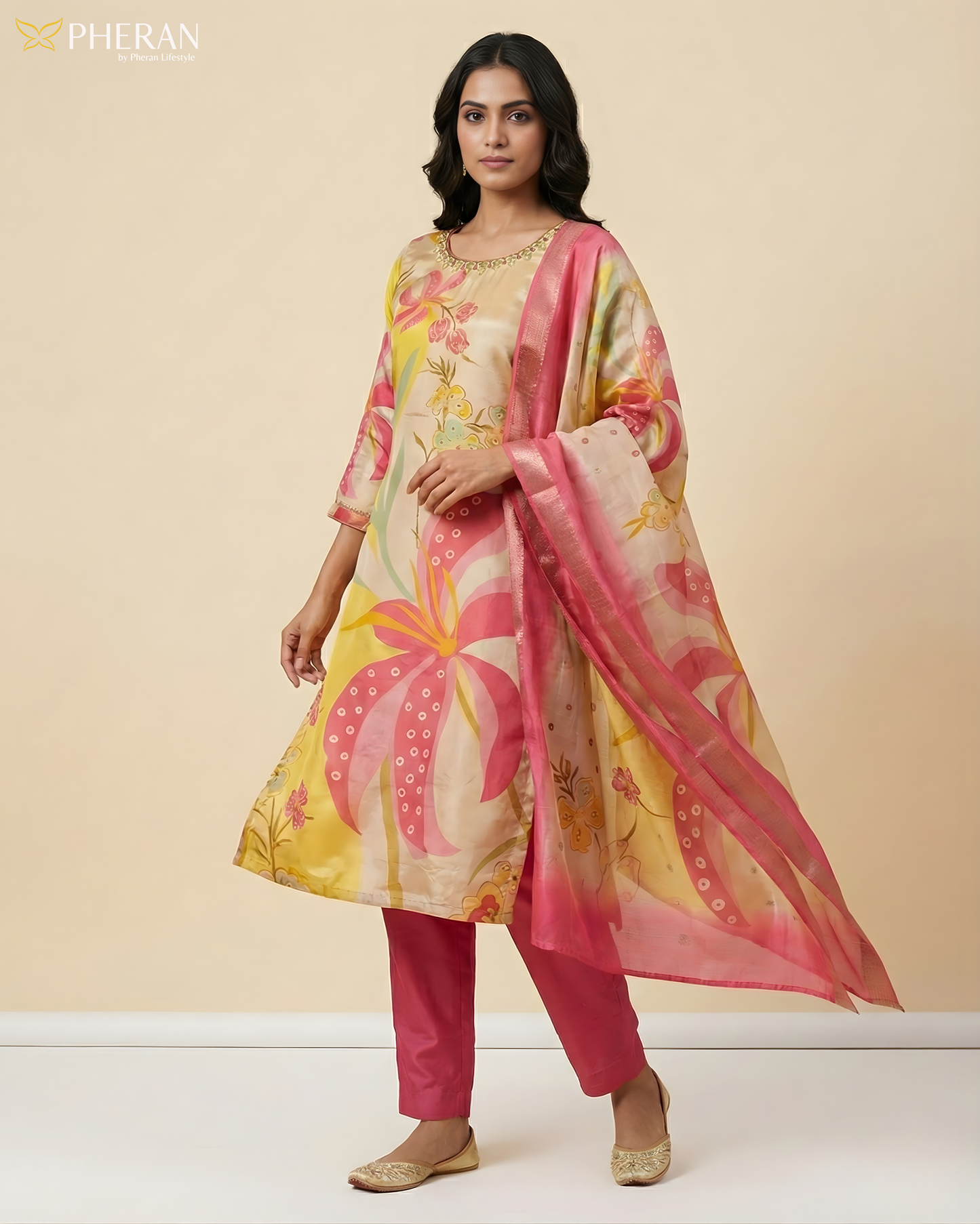Pheran Multicolor Floral Silk Kurta Set with Dupatta (BO-3313-PK)
