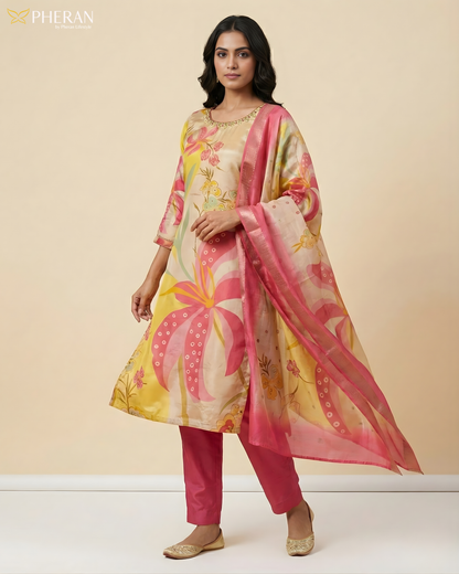 Pheran Multicolor Floral Silk Kurta Set with Dupatta (BO-3313-PK)