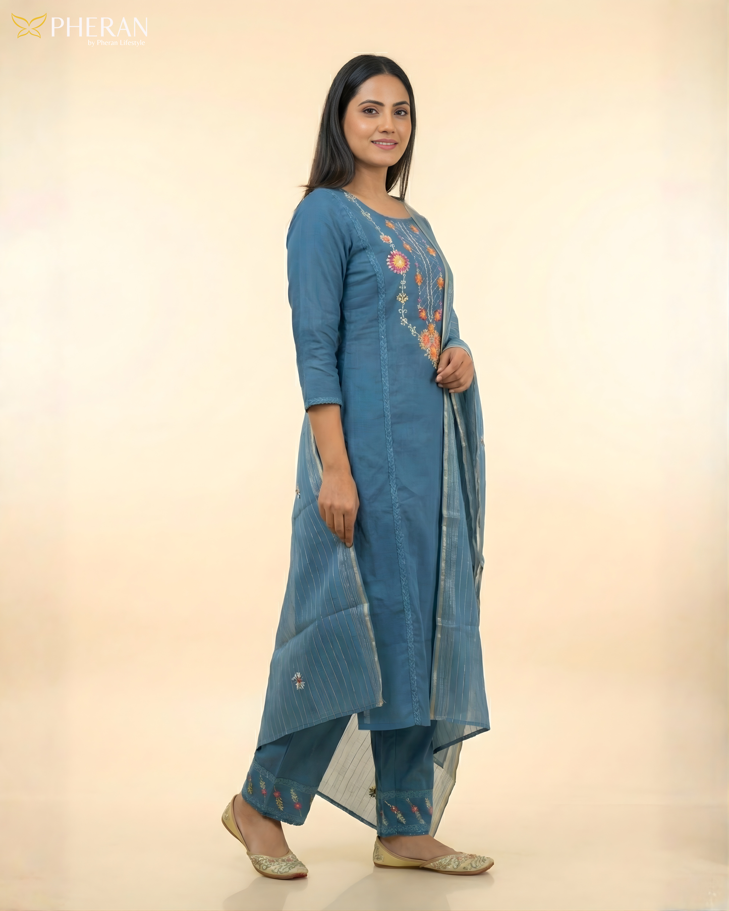 Pheran Deep Blue Embroidered Kurta Set with Dupatta (SV-KL76-BU)