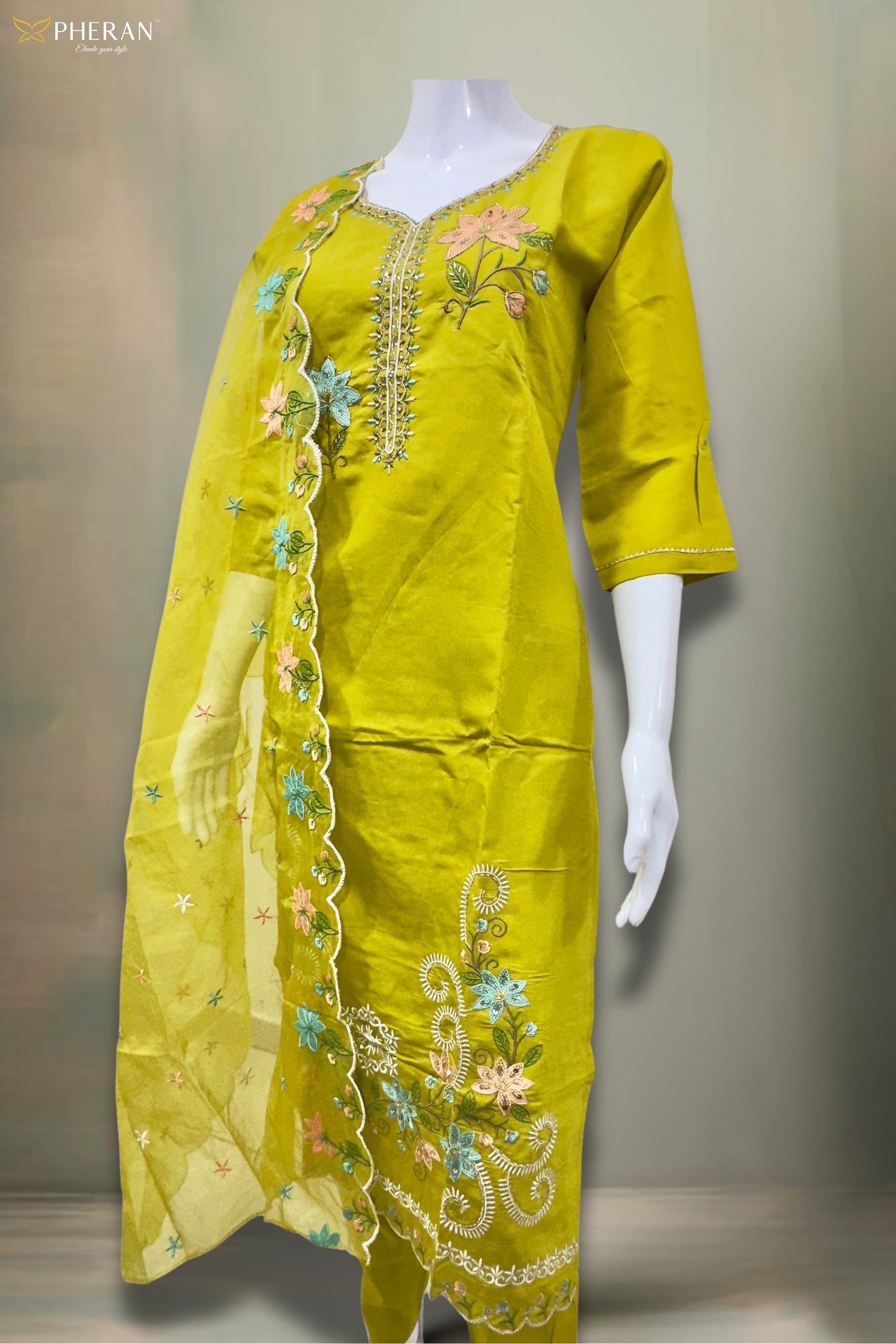 Pheran Women’s Lime Green Floral Embroidered Kurta Set with Dupatta (A2-2510-LG)