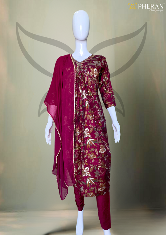 Pheran Deep Maroon Floral Embroidered Kurta Set with Dupatta
(M4-NOR8-MR-SU)