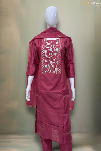 Pheran Deep Maroon Floral Embroidered Kurta Set with Dupatta (SV-KL72-MN)