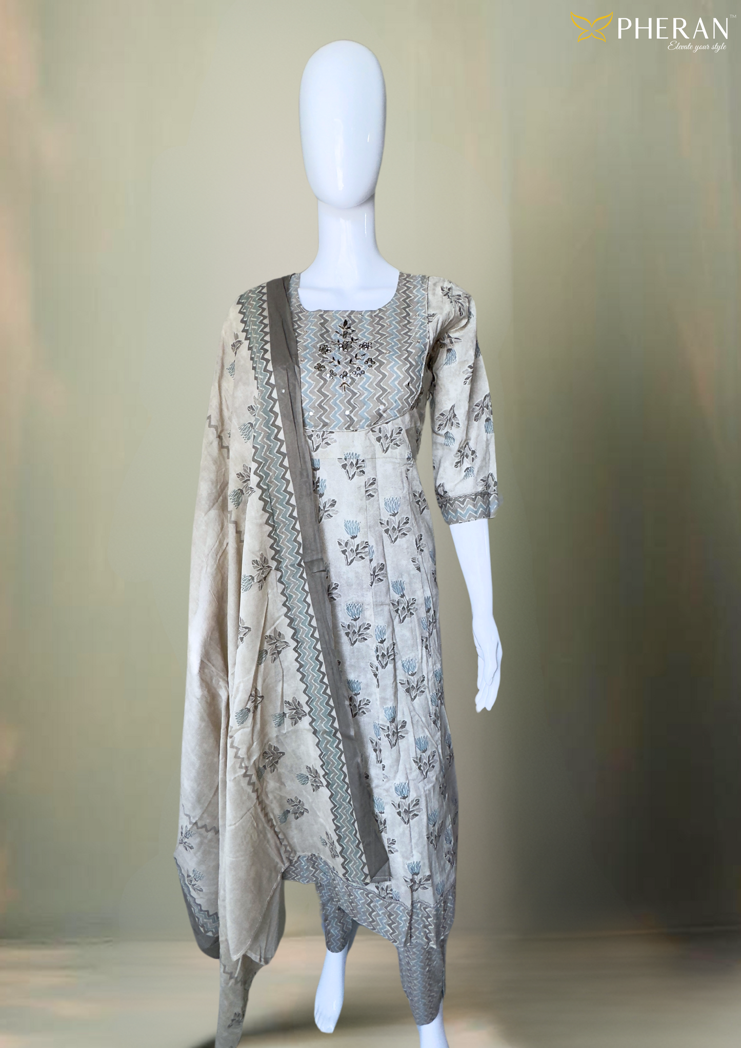 Pheran Ivory and Grey Floral Embroidered Kurta Set with Dupatta(M4-1600-IG-SU)