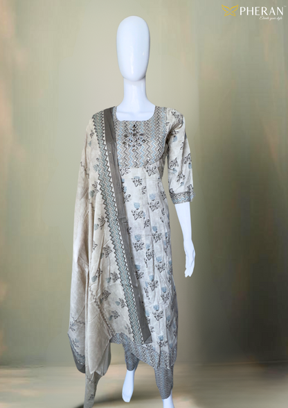 Pheran Ivory and Grey Floral Embroidered Kurta Set with Dupatta(M4-1600-IG-SU)