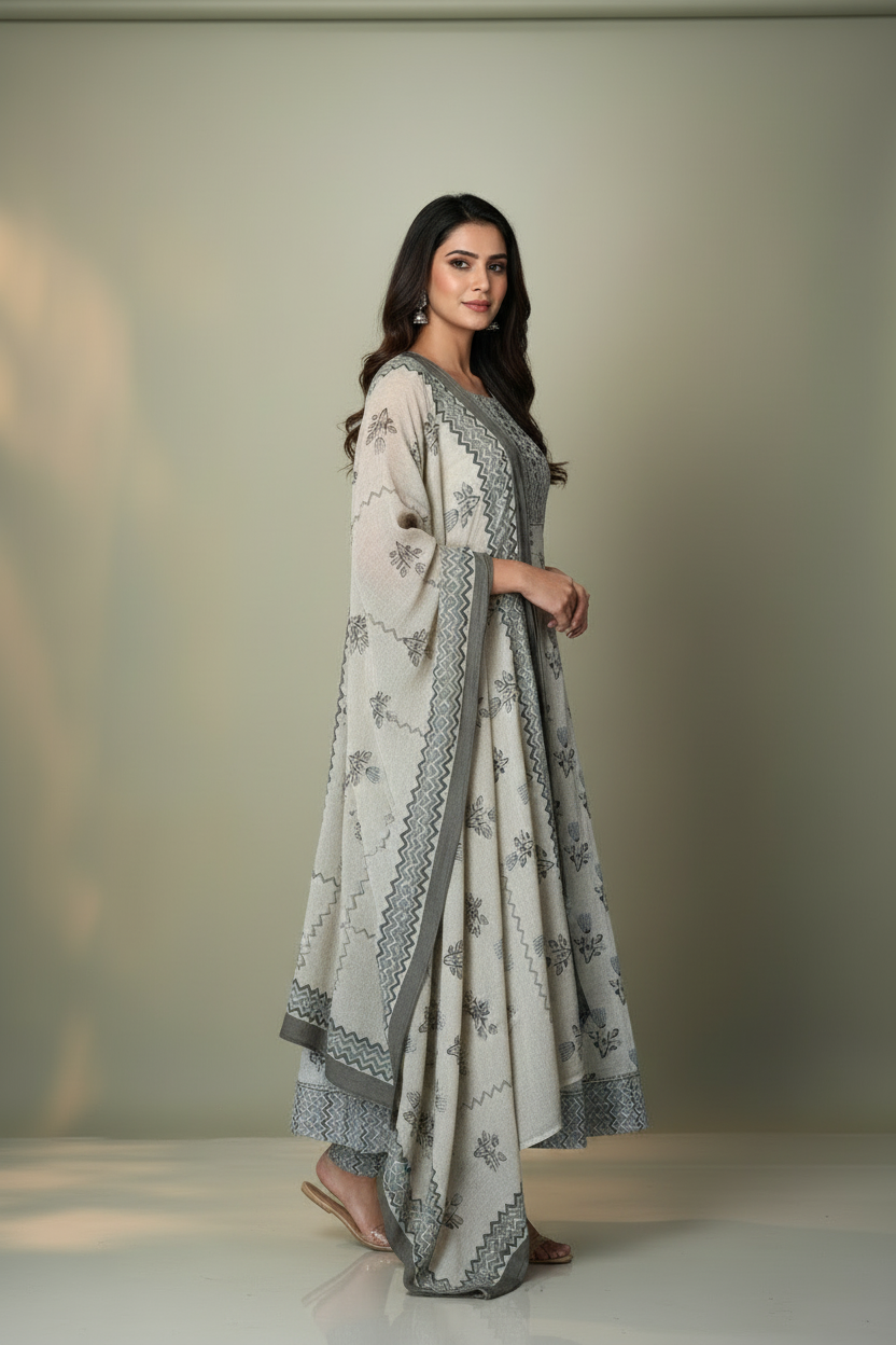 Pheran Ivory and Grey Floral Embroidered Kurta Set with Dupatta(M4-1600-IG-SU)