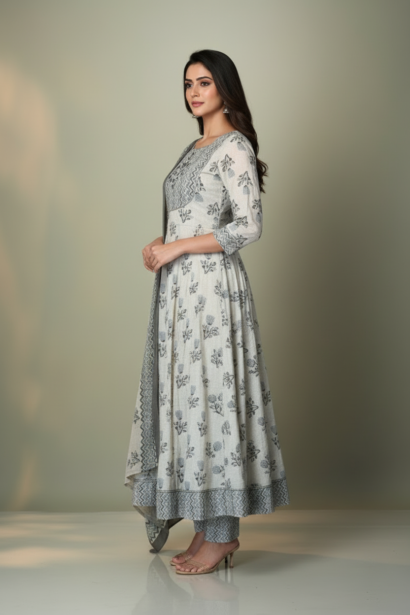 Pheran Ivory and Grey Floral Embroidered Kurta Set with Dupatta(M4-1600-IG-SU)