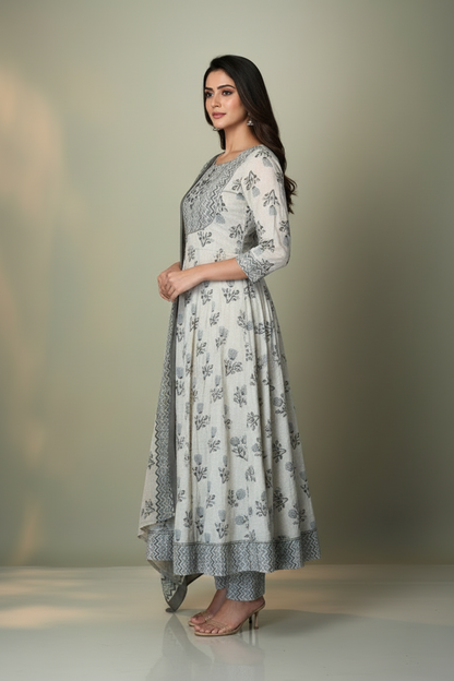 Pheran Ivory and Grey Floral Embroidered Kurta Set with Dupatta(M4-1600-IG-SU)