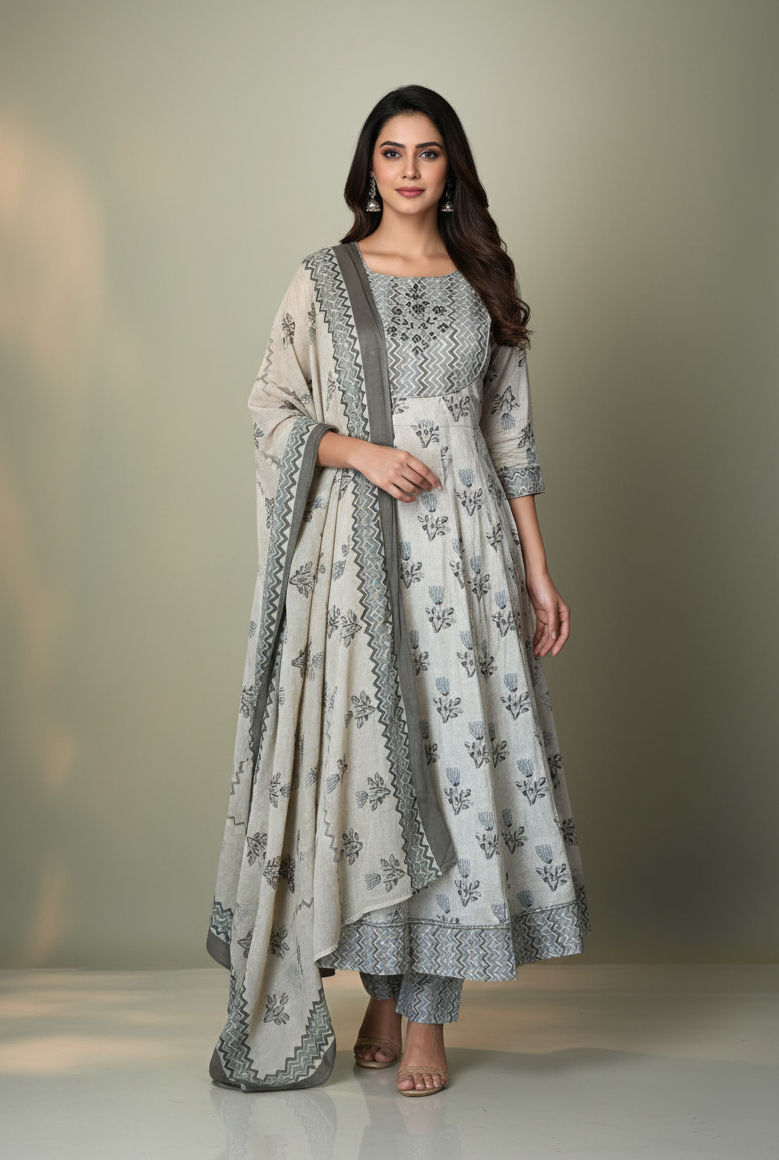 Pheran Ivory and Grey Floral Embroidered Kurta Set with Dupatta(M4-1600-IG-SU)