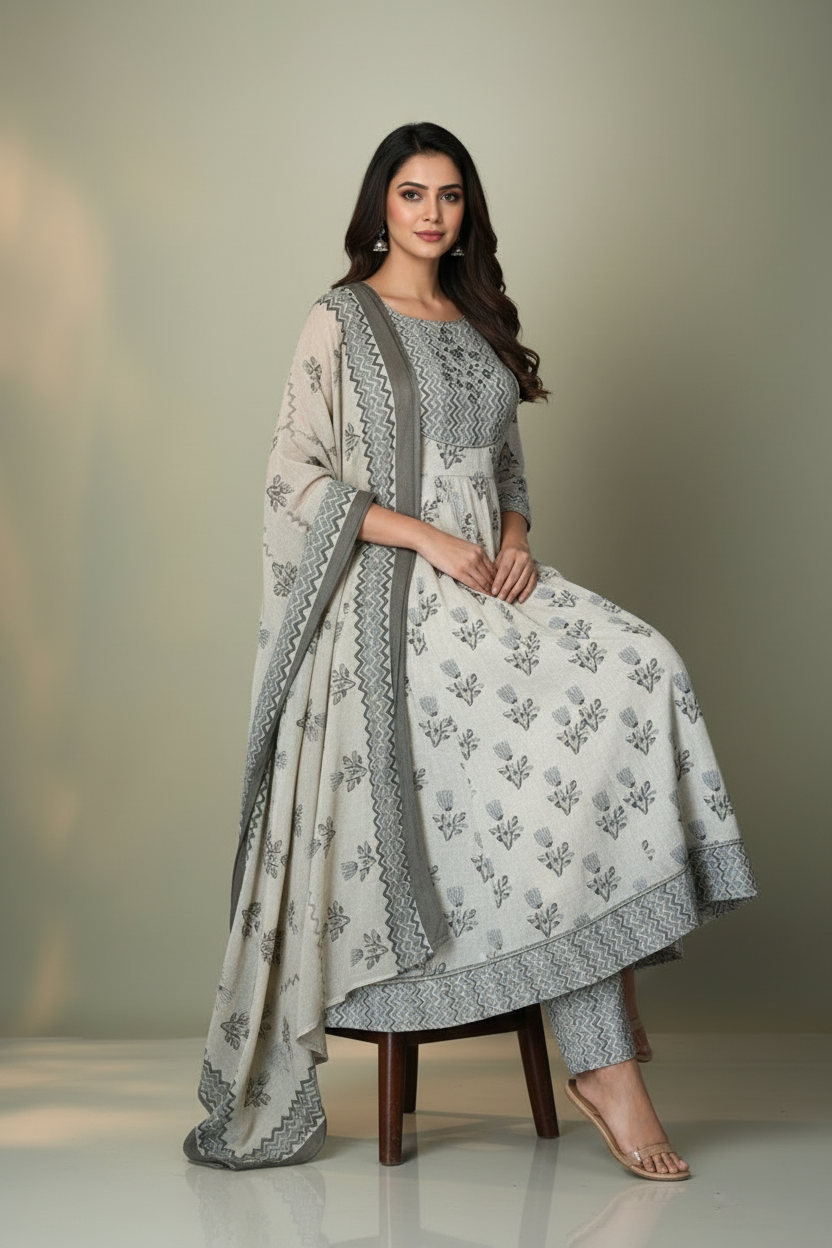 Pheran Ivory and Grey Floral Embroidered Kurta Set with Dupatta(M4-1600-IG-SU)