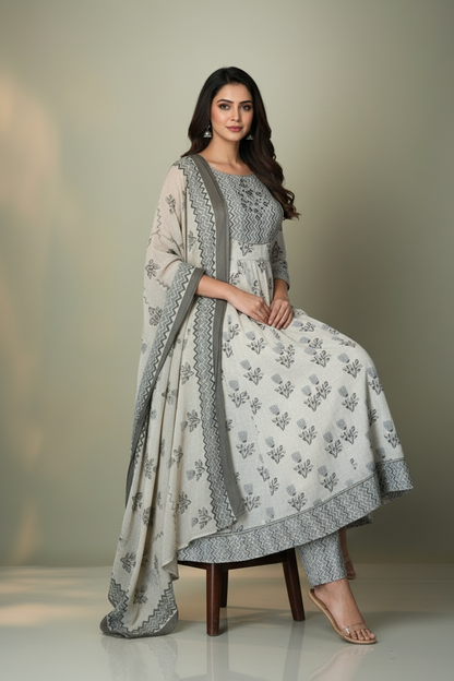 Pheran Ivory and Grey Floral Embroidered Kurta Set with Dupatta(M4-1600-IG-SU)