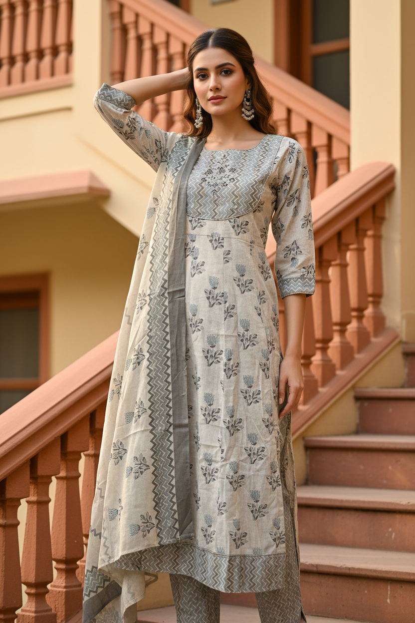 Pheran Ivory and Grey Floral Embroidered Kurta Set with Dupatta(M4-1600-IG-SU)