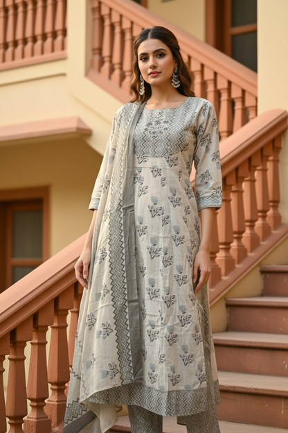 Pheran Ivory and Grey Floral Embroidered Kurta Set with Dupatta(M4-1600-IG-SU)