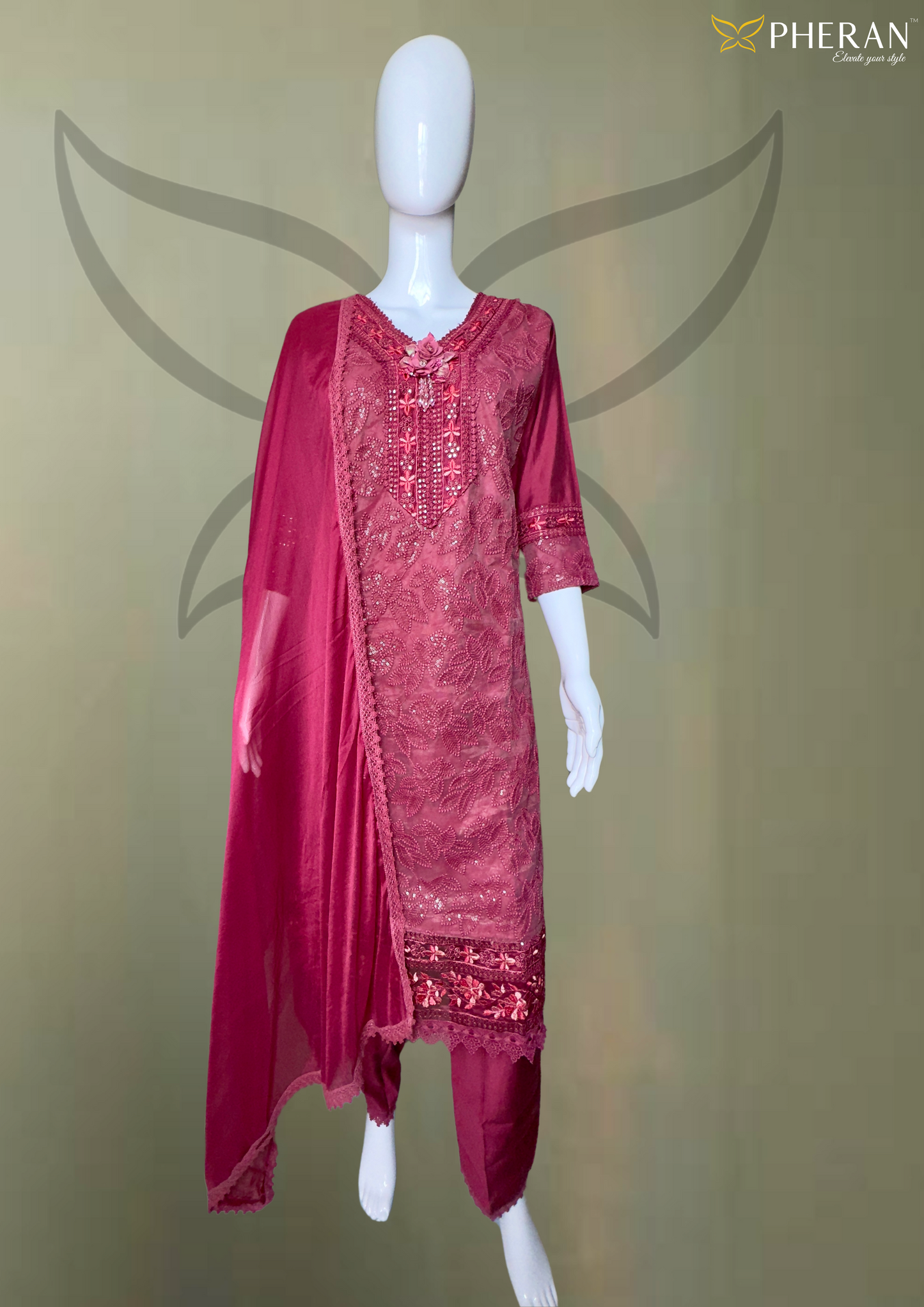 Pheran Maroon Embroidered Kurta Set with Dupatta (A2-MR)